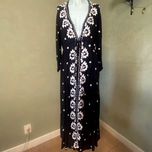 FREE PEOPLE; Black long peasant dress w white embroidery; NWOT; XS